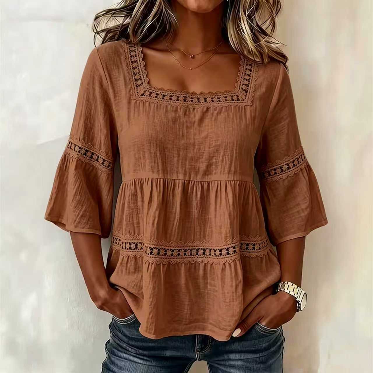 🔥 Women’s Boho Lace Trim Babydoll Blouse