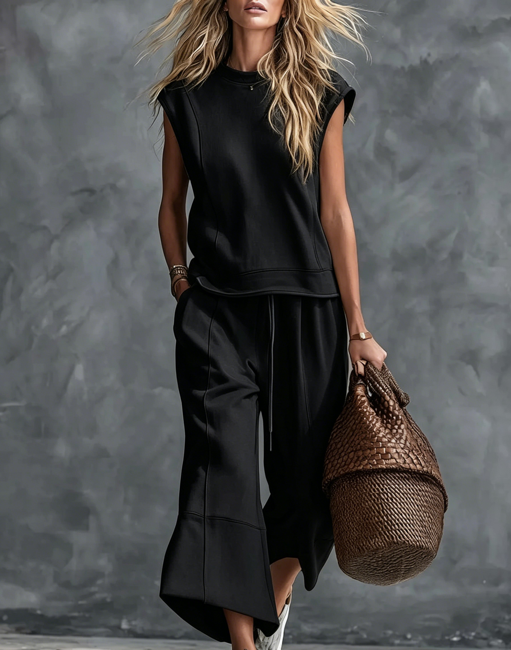 Retro-Casual Cotton Crew-Neck Top And Cropped Pants Set