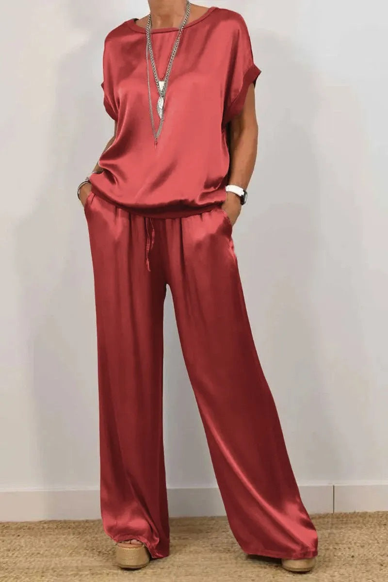 Women's Solid-Color Satin Casual Set: Short-Sleeve Top & Long Pants