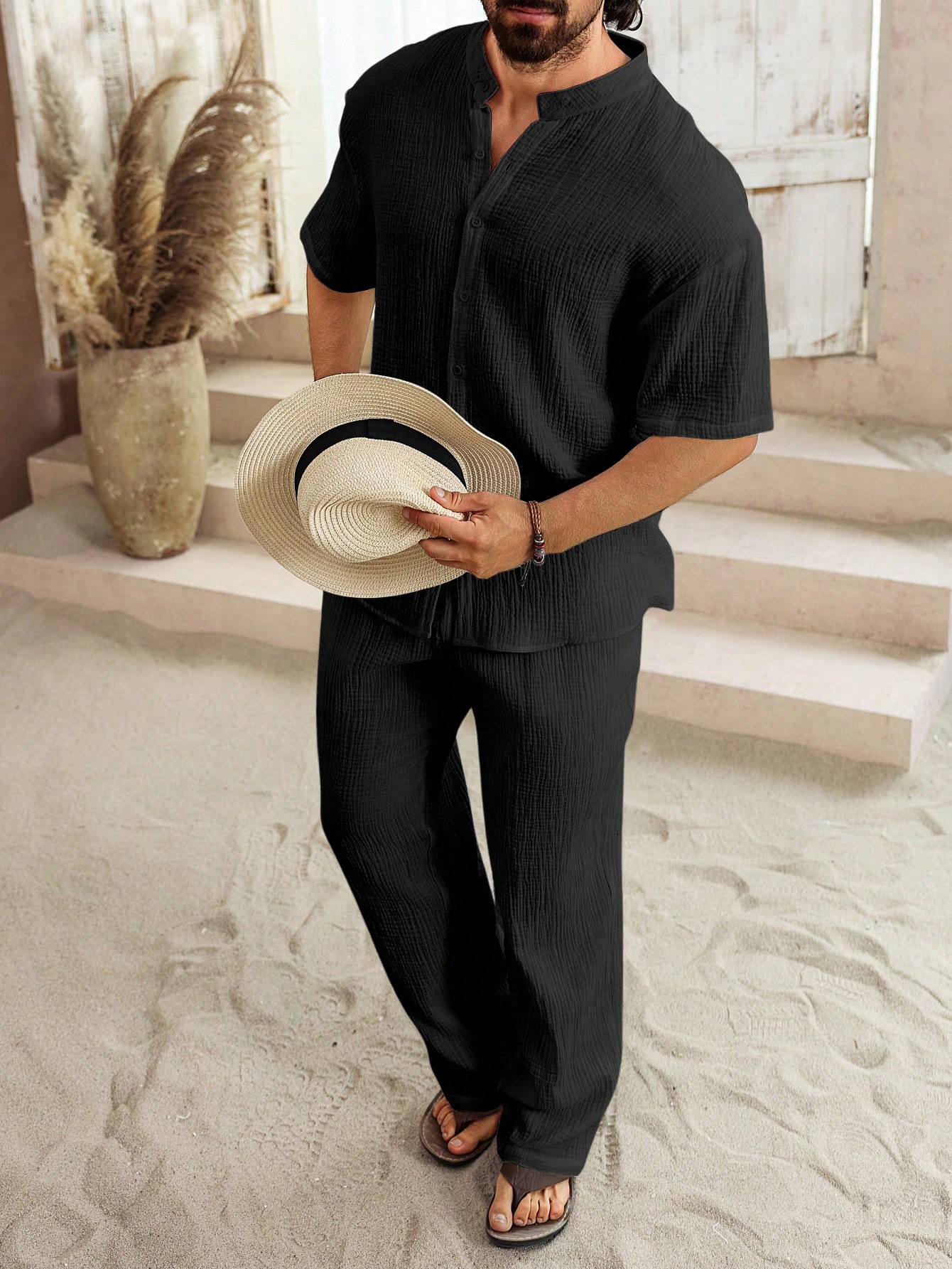 Men's Minimalist Vacation Style Cotton And Linen Set