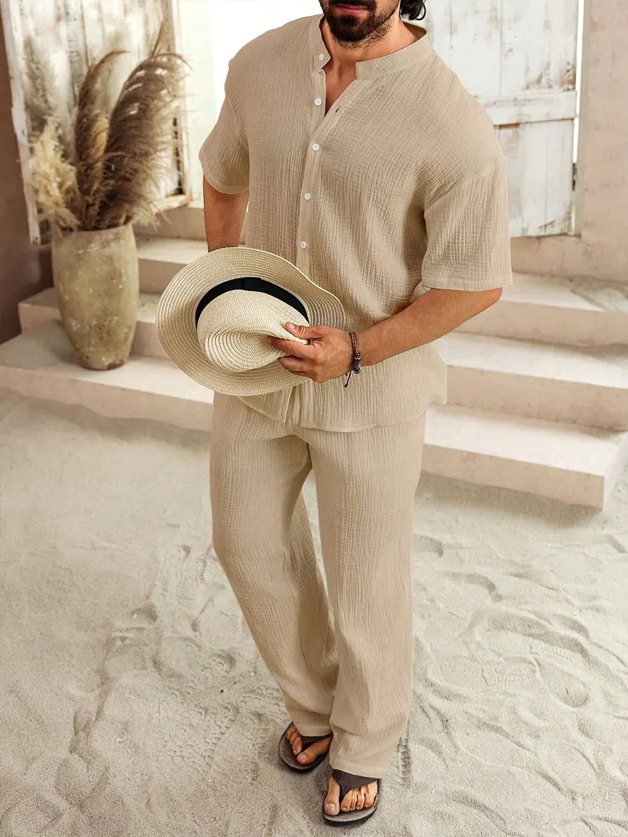 Men's Minimalist Vacation Style Cotton And Linen Set