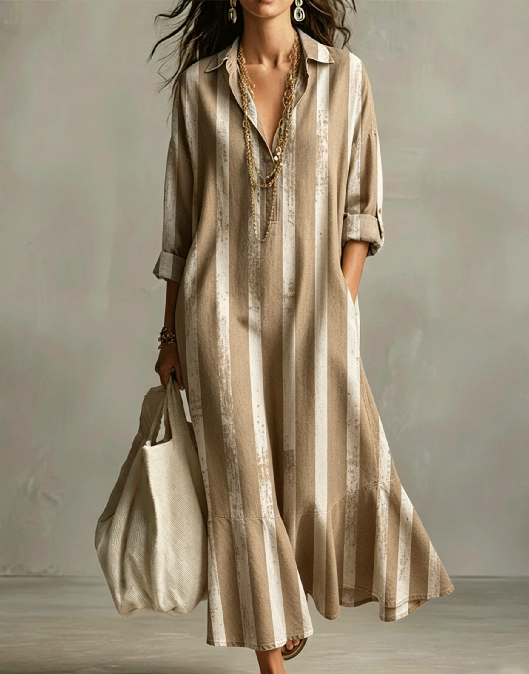 Retro Striped Ruffled Hem Dress