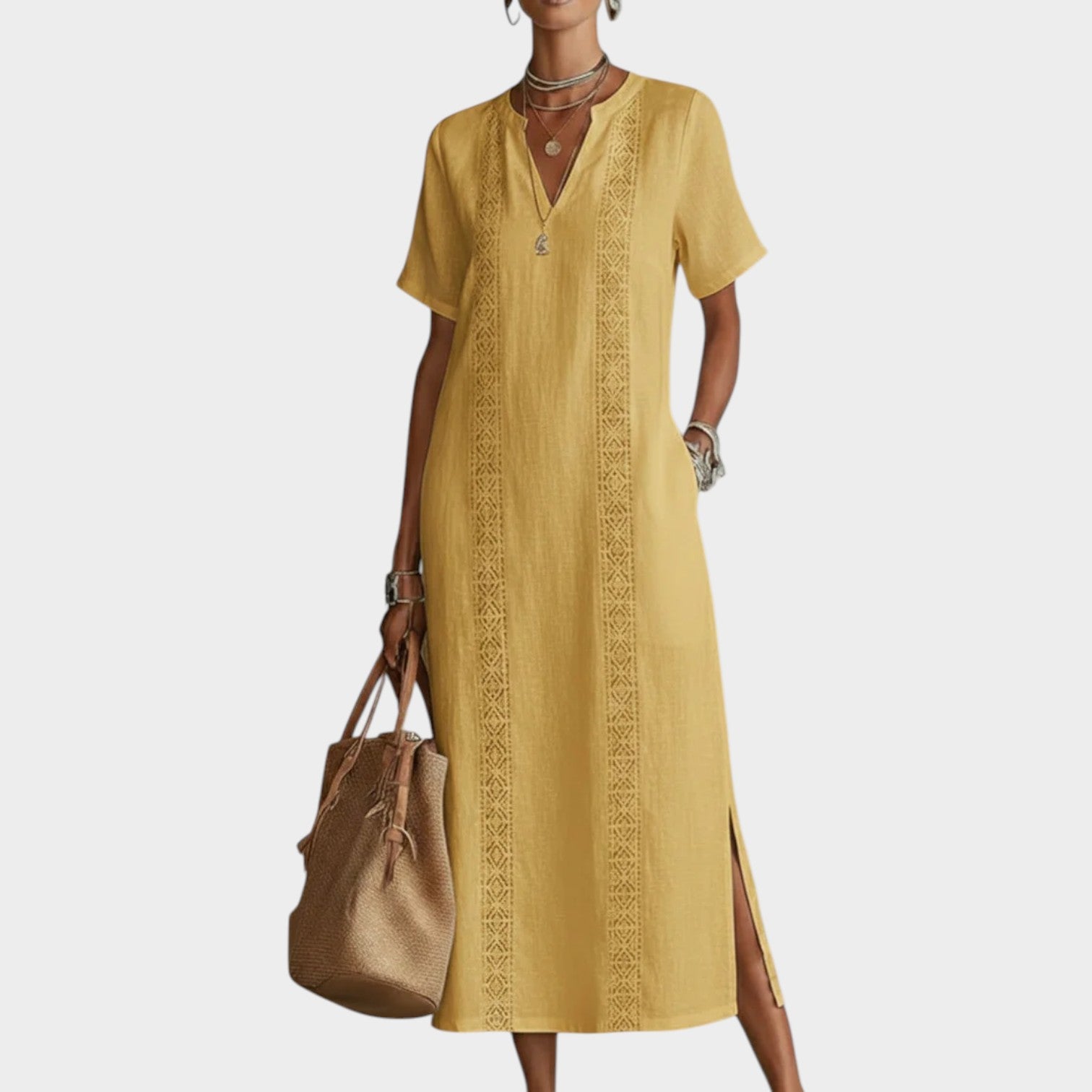 Embroidered V-Neck Midi Dress