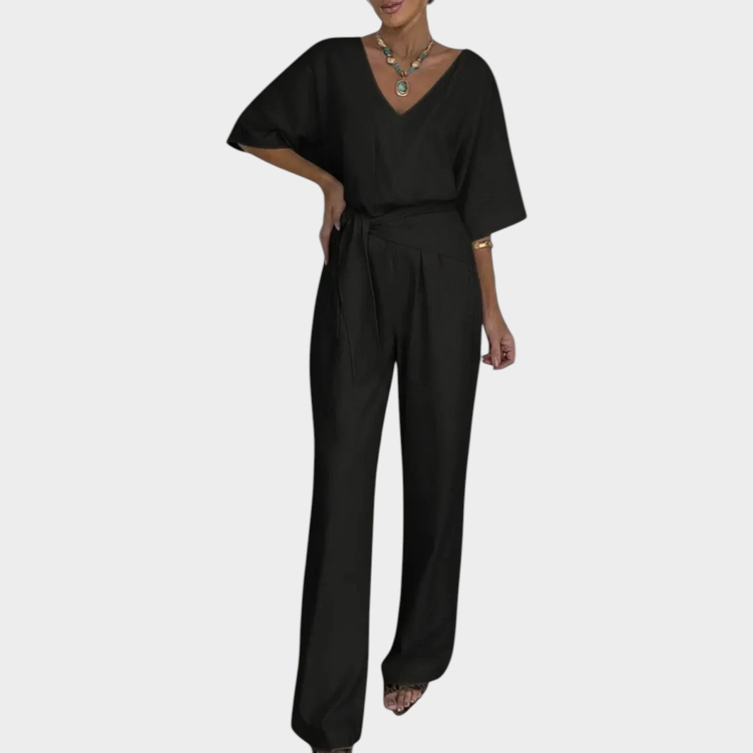 V-Neck Belted Jumpsuit