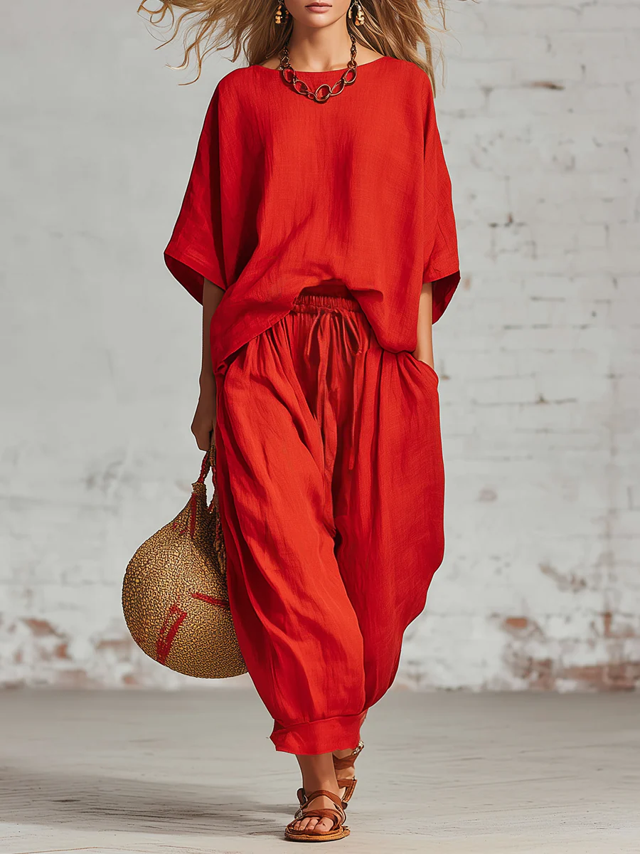 Cozy Loose-fitting Daily Wear Linen Two-piece Set