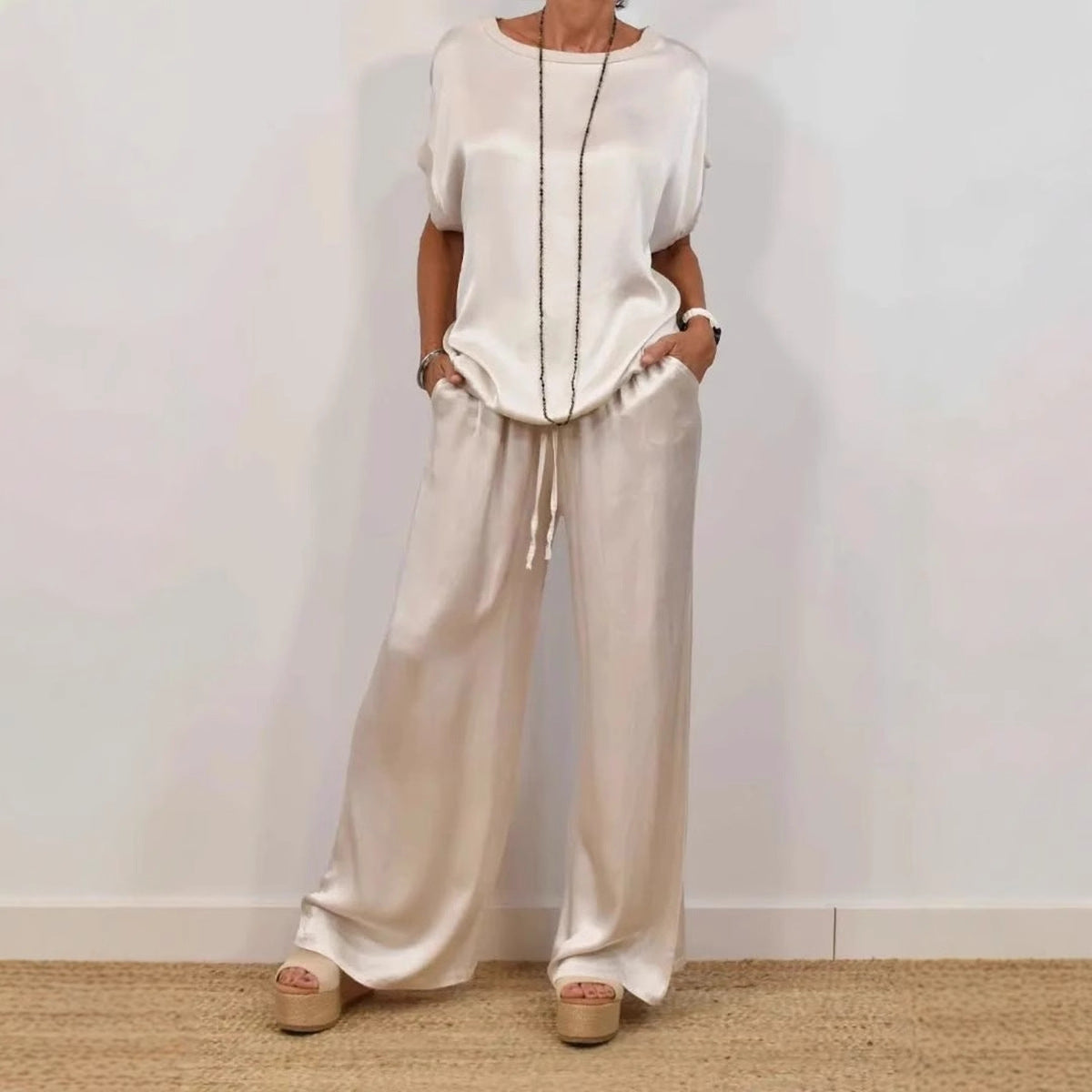 Women's Solid-Color Satin Casual Set: Short-Sleeve Top & Long Pants