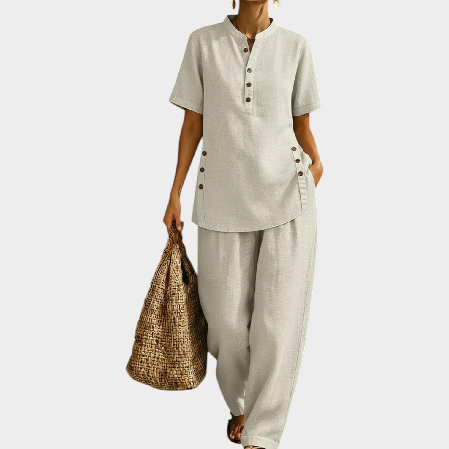 🌿New Linen🔥Chic Button-Detail Linen Set