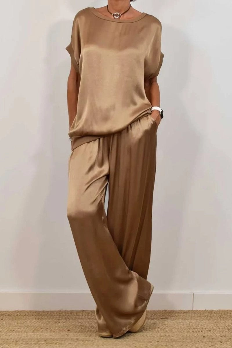Women's Solid-Color Satin Casual Set: Short-Sleeve Top & Long Pants
