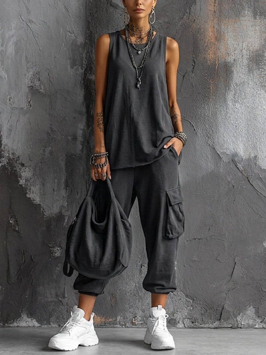 Casual Street-style Sleeveless Cotton T-shirt And Pants Two-piece Set