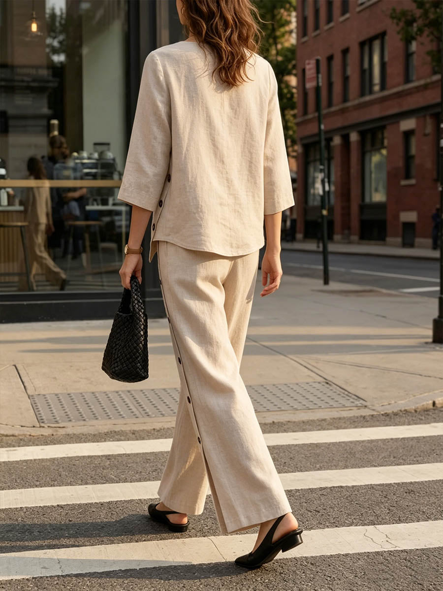 Women's Solid-color Cotton-linen Set: Loose-fit Casual Round-neck Top With 3/4 Sleeves And Elastic-waist Wide-leg Pants