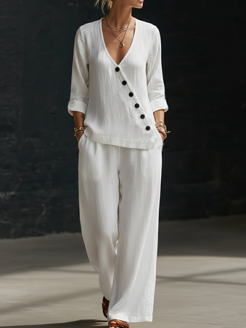 CLEARANCE SALE🔥 Minimalist V-neck Shirt And Wide-leg Pants Two-piece Set
