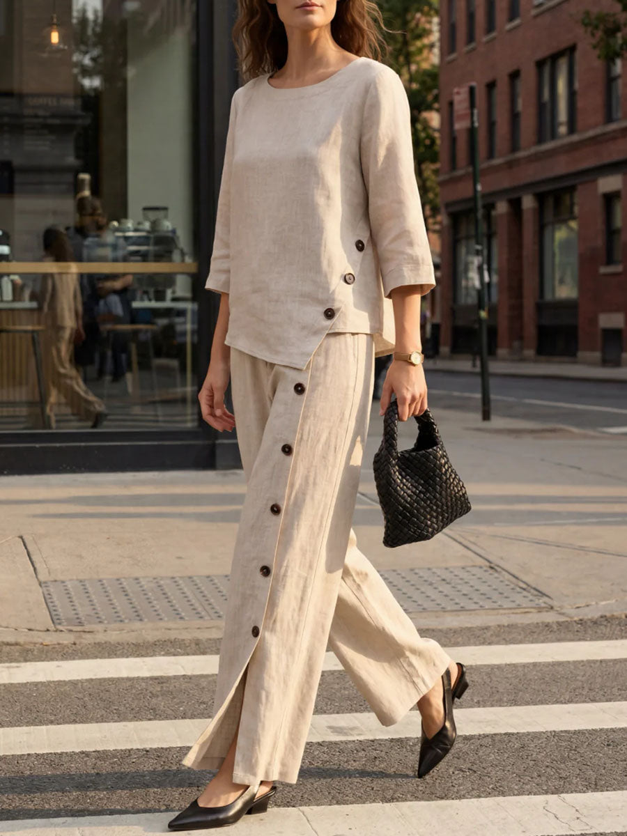 Women's Solid-color Cotton-linen Set: Loose-fit Casual Round-neck Top With 3/4 Sleeves And Elastic-waist Wide-leg Pants