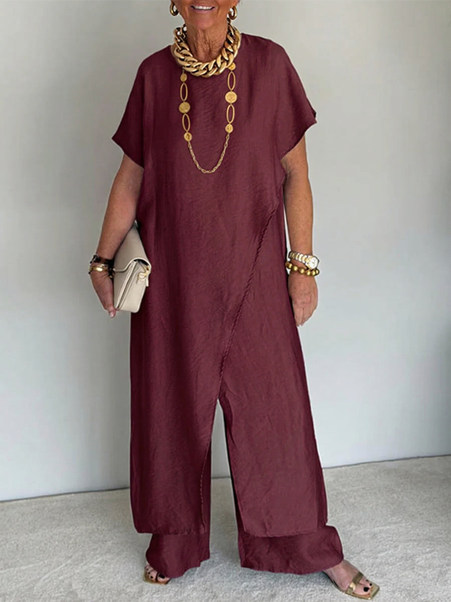 Women's Cozy Loose Fit Asymmetrical Two-Piece Set - Casual Retro Cotton Blend Outfit