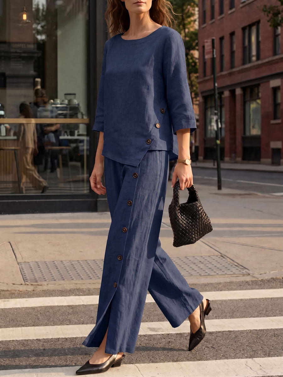Women's Solid-color Cotton-linen Set: Loose-fit Casual Round-neck Top With 3/4 Sleeves And Elastic-waist Wide-leg Pants