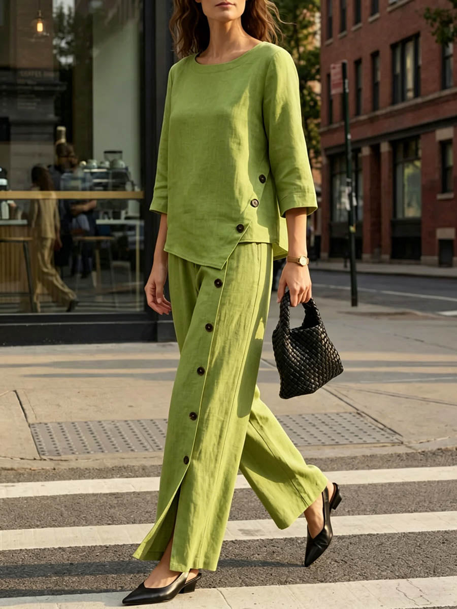 Women's Solid-color Cotton-linen Set: Loose-fit Casual Round-neck Top With 3/4 Sleeves And Elastic-waist Wide-leg Pants