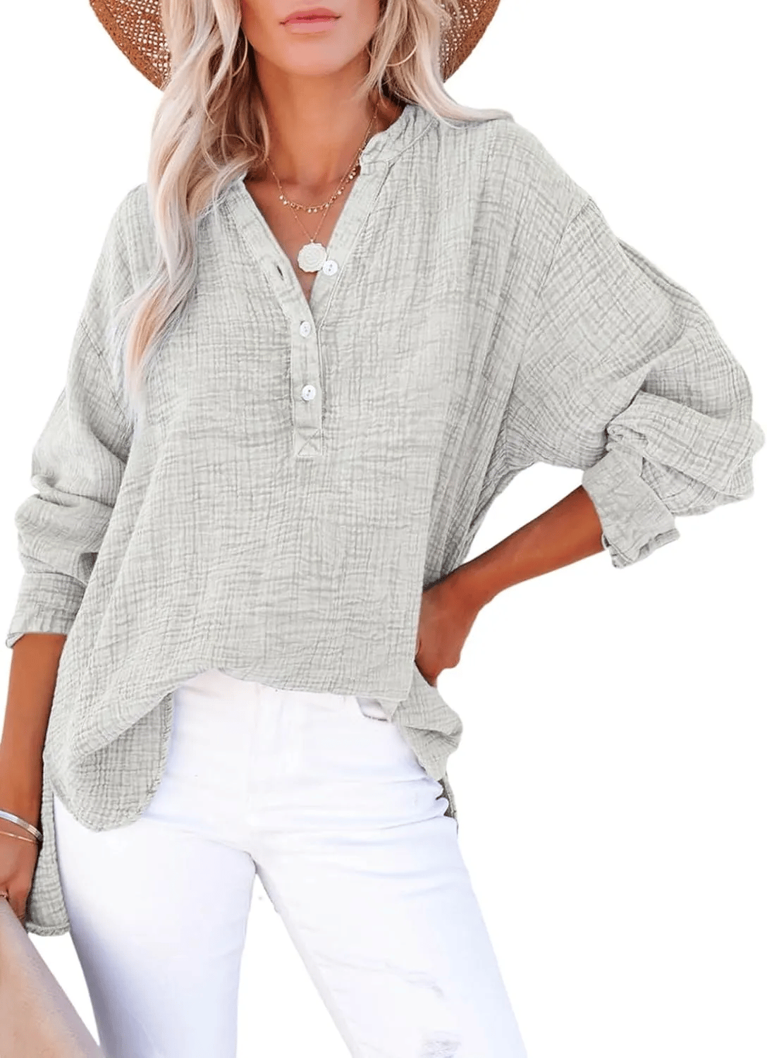 🔥Womens Casual Gauze Button Neck Long Sleeve Oversized BlousesTops