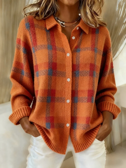 CLEARANCE SALE🔥 Women's Casual Contrast Color Autumn and Winter Retro Plaid Print Buttoned Cardigan Sweater