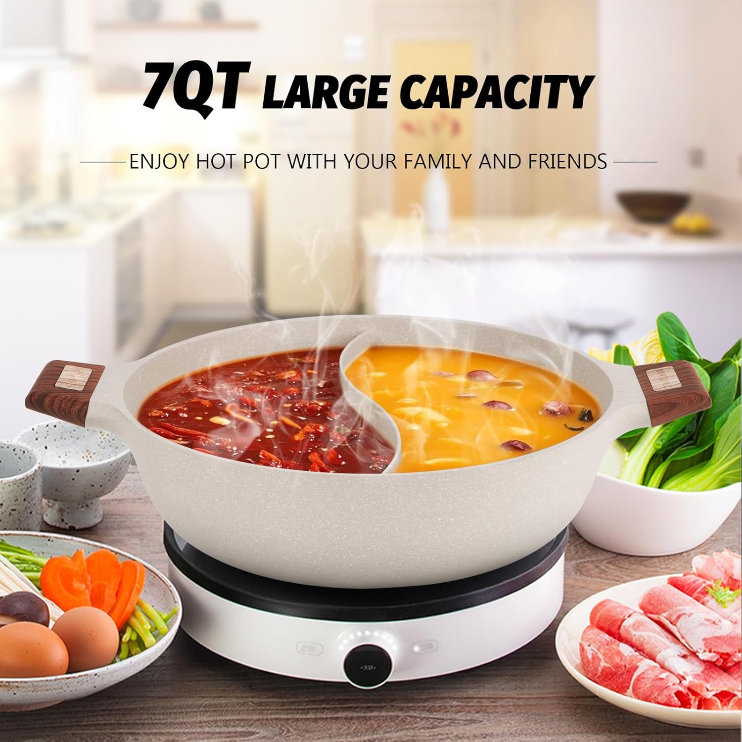 Hot Pot with Divider Non-Stick 7-QT Double-Flavor Shabu Shabu Pot