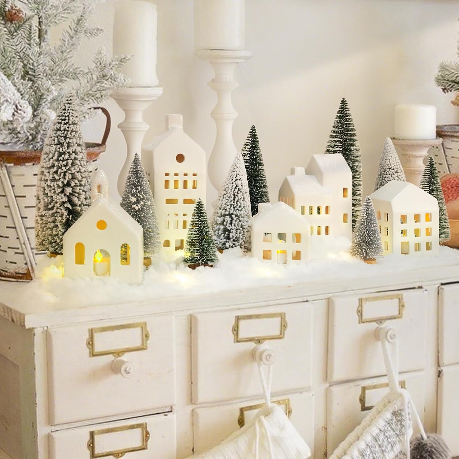 Christmas Decorations Indoor - Christmas Village Sets of 5 Ceramic Houses with LED Lights Remote and 9 Trees - Winter Rustic Farmhouse Home Holiday Xmas Decor for Mantel Tabletop Room