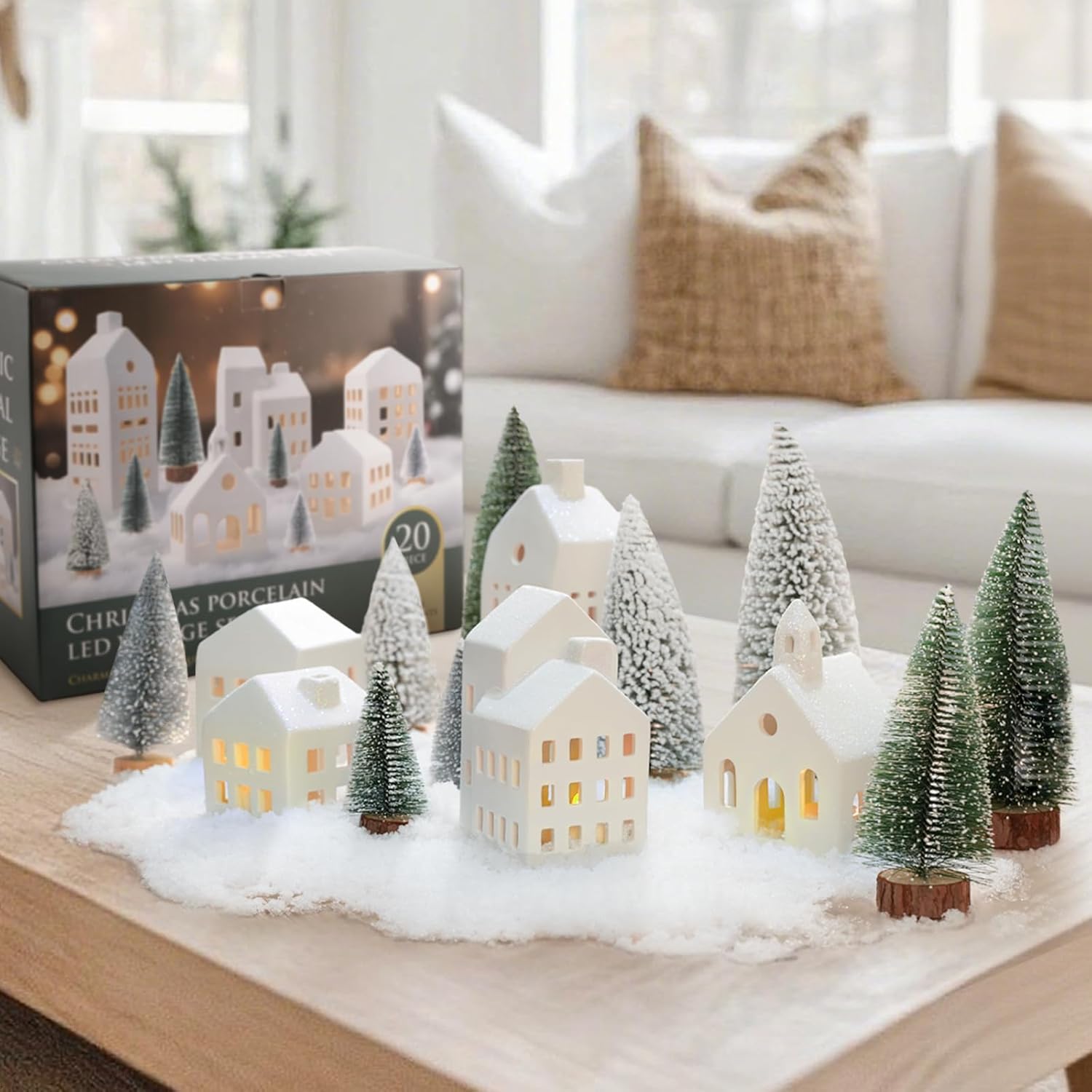 Christmas Decorations Indoor - Christmas Village Sets of 5 Ceramic Houses with LED Lights Remote and 9 Trees - Winter Rustic Farmhouse Home Holiday Xmas Decor for Mantel Tabletop Room