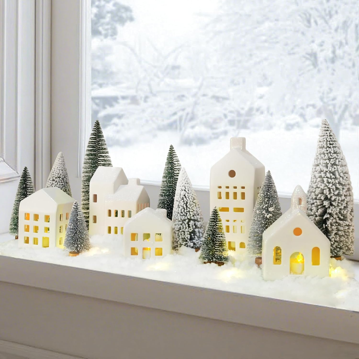 Christmas Decorations Indoor - Christmas Village Sets of 5 Ceramic Houses with LED Lights Remote and 9 Trees - Winter Rustic Farmhouse Home Holiday Xmas Decor for Mantel Tabletop Room