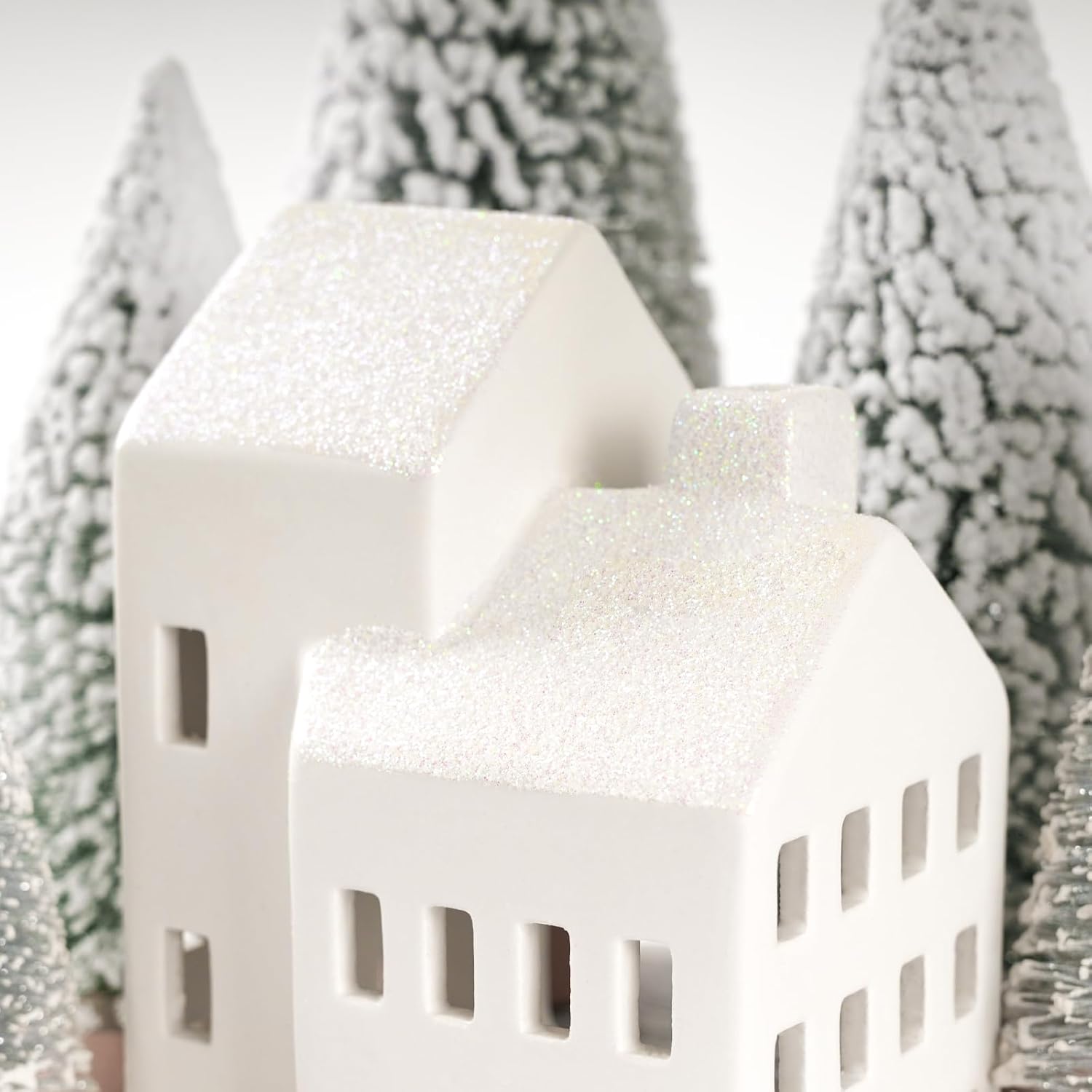 Christmas Decorations Indoor - Christmas Village Sets of 5 Ceramic Houses with LED Lights Remote and 9 Trees - Winter Rustic Farmhouse Home Holiday Xmas Decor for Mantel Tabletop Room