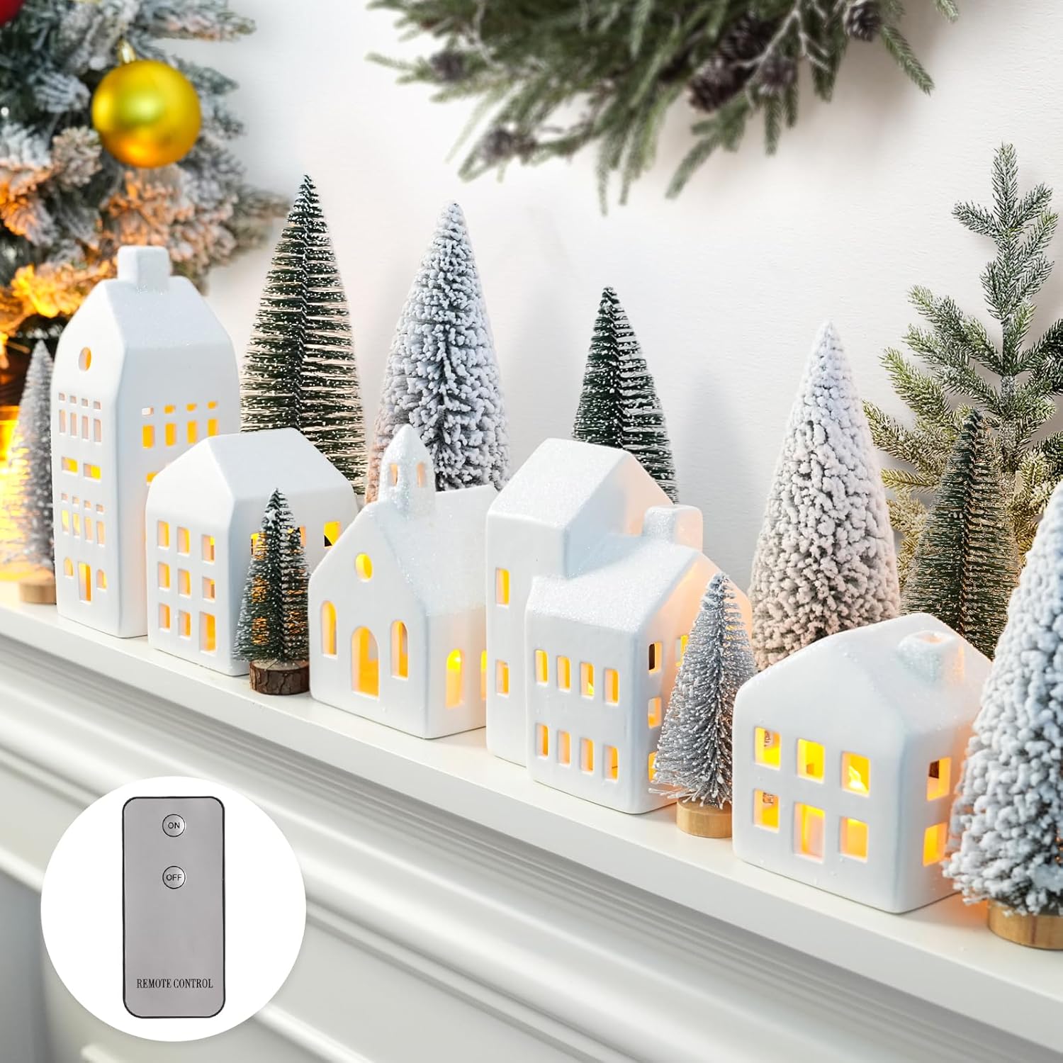 Christmas Decorations Indoor - Christmas Village Sets of 5 Ceramic Houses with LED Lights Remote and 9 Trees - Winter Rustic Farmhouse Home Holiday Xmas Decor for Mantel Tabletop Room
