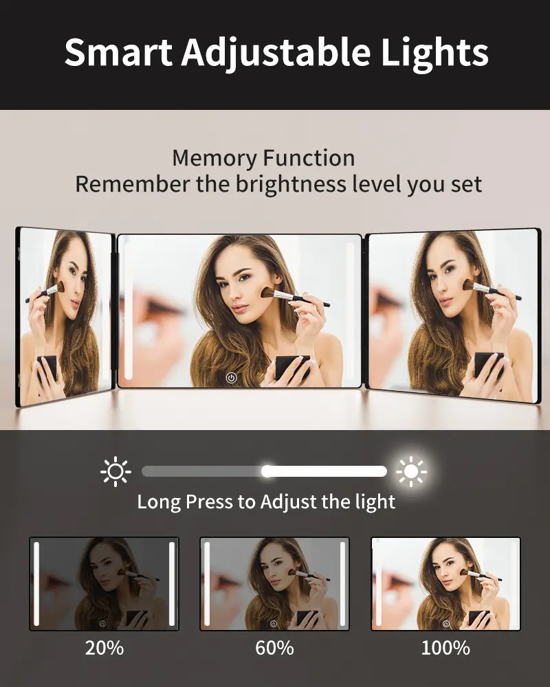 Adjustable LED Light 3 Way Mirror, Portable Trifold Mirror for Shaving, Grooming, Hair Styling, Dye Hair, Makeup, Braiding, 360 Degree Mirror