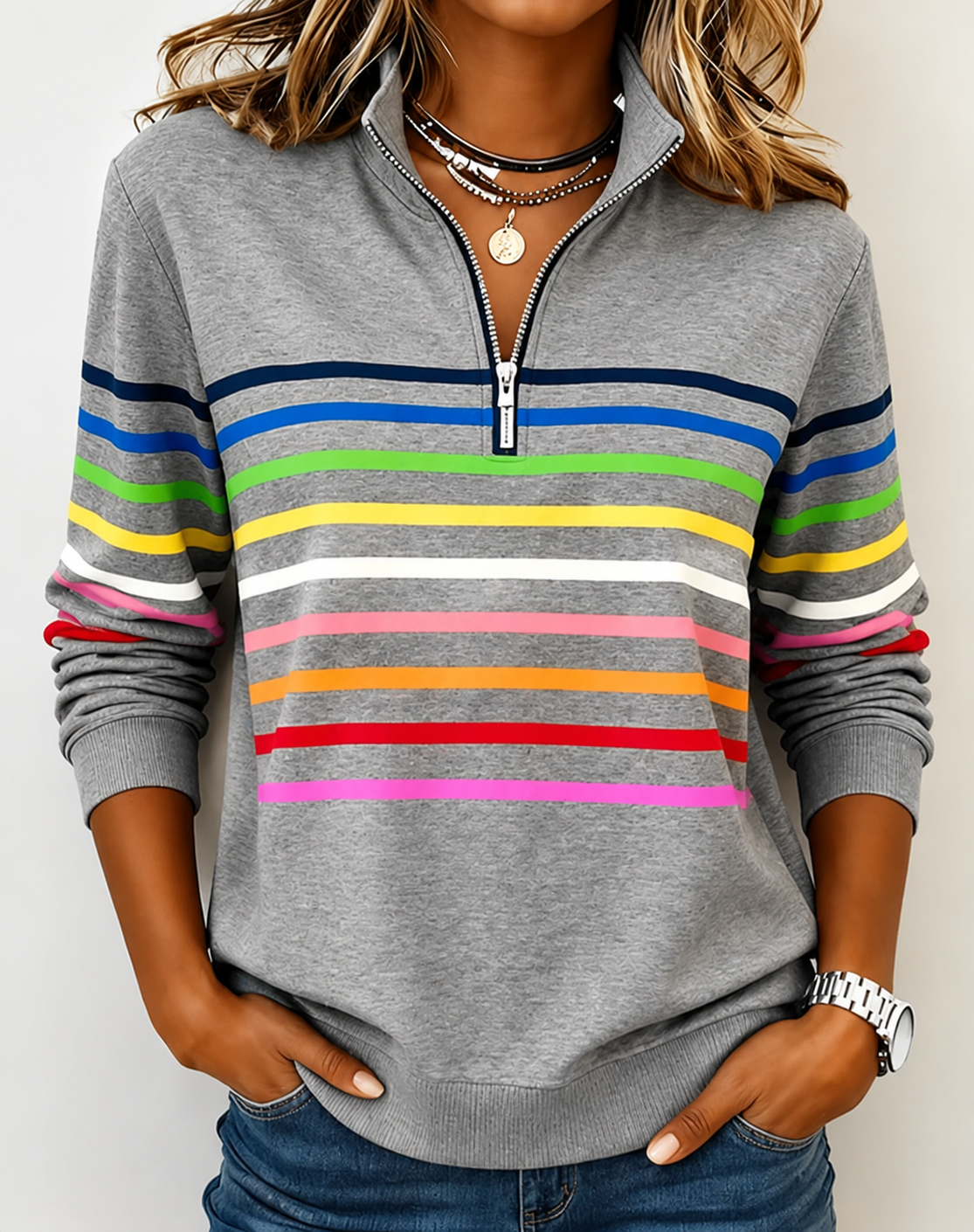 🛒Clearance Sale🔥 Women's Vibrant Striped Half-Zip Casual Sweatshirt