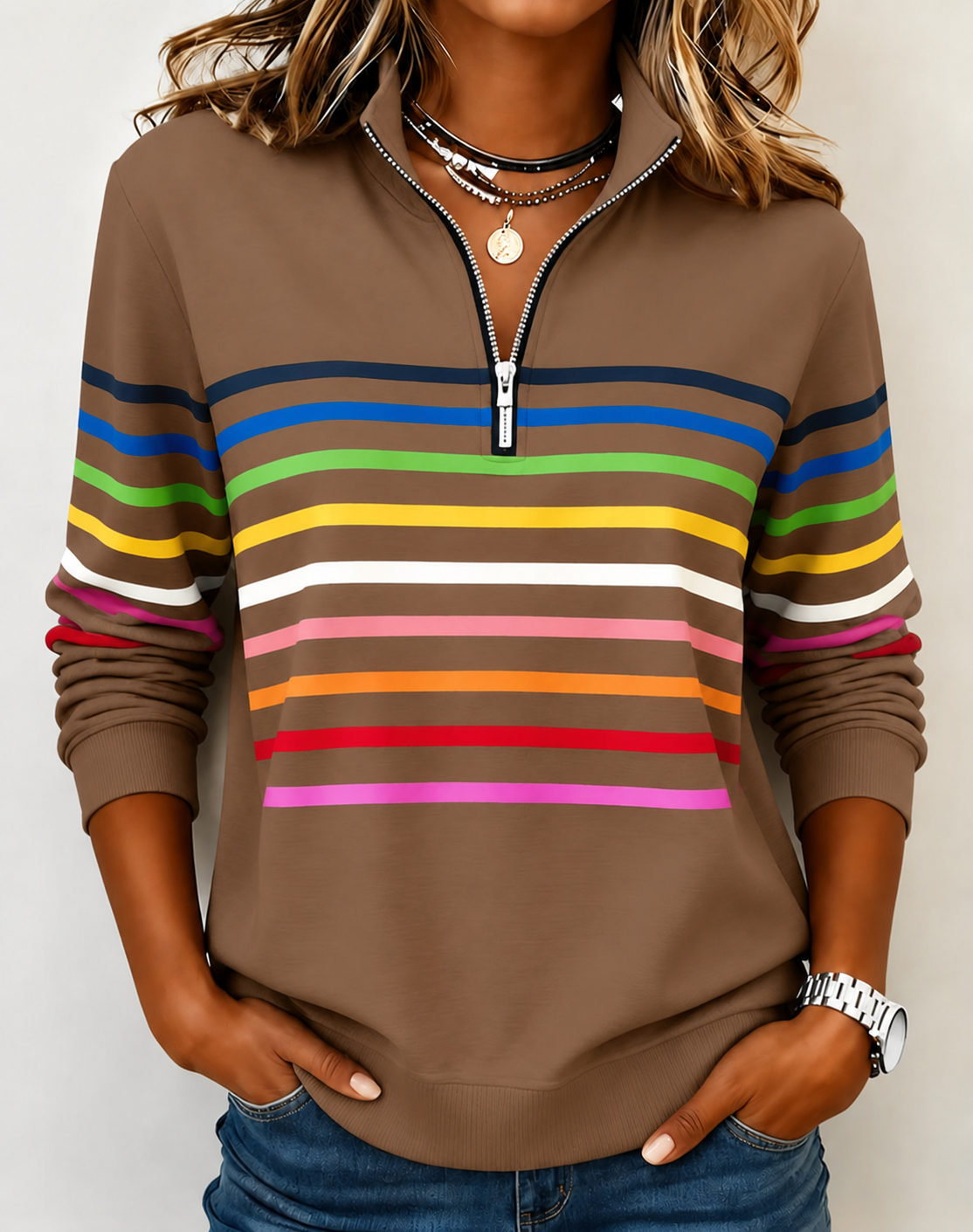 🛒Clearance Sale🔥 Women's Vibrant Striped Half-Zip Casual Sweatshirt