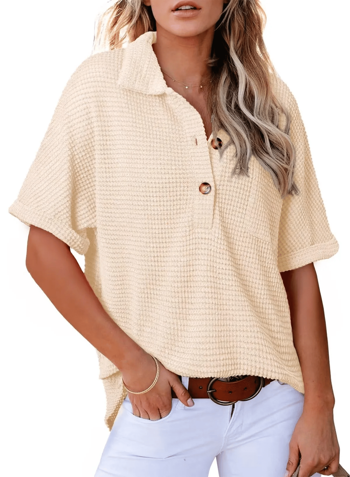 ✨2025 New Women's Waffle Knit Short Sleeve Tunic Henley Shirts