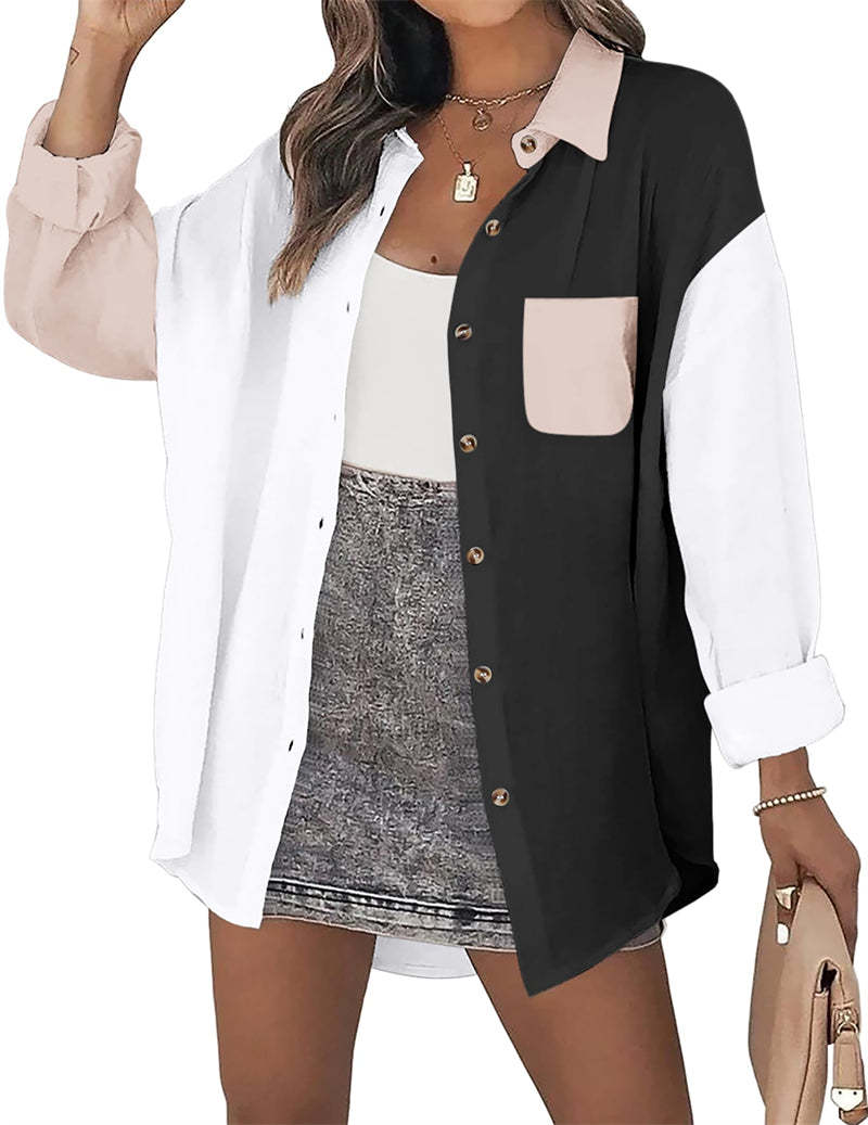 Color Block Button Down Shirts Long Sleeve Linen Shirt