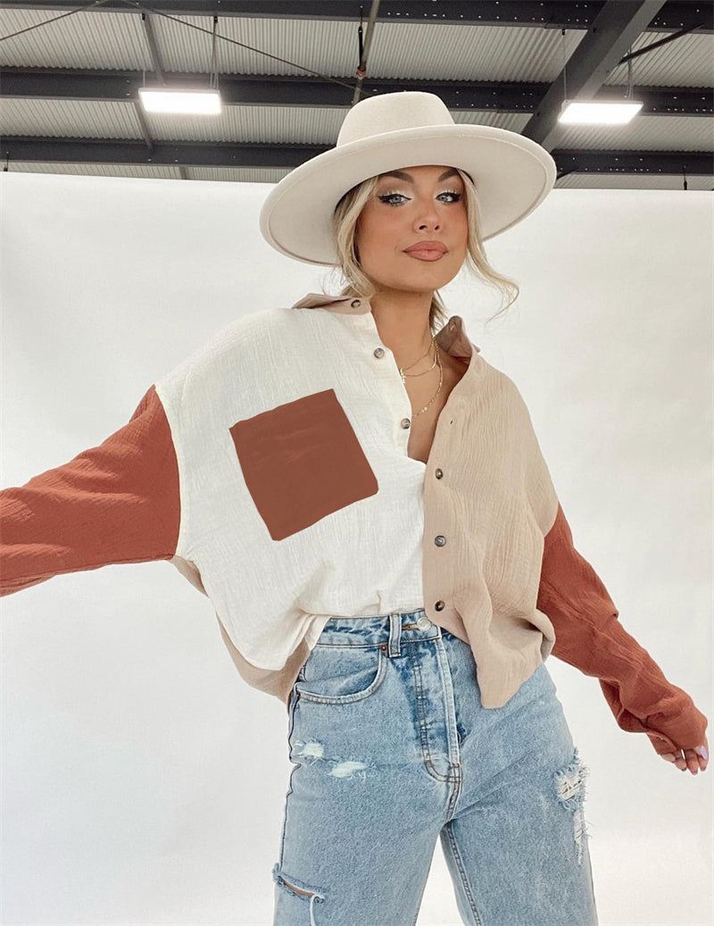 Color Block Button Down Shirts Long Sleeve Linen Shirt