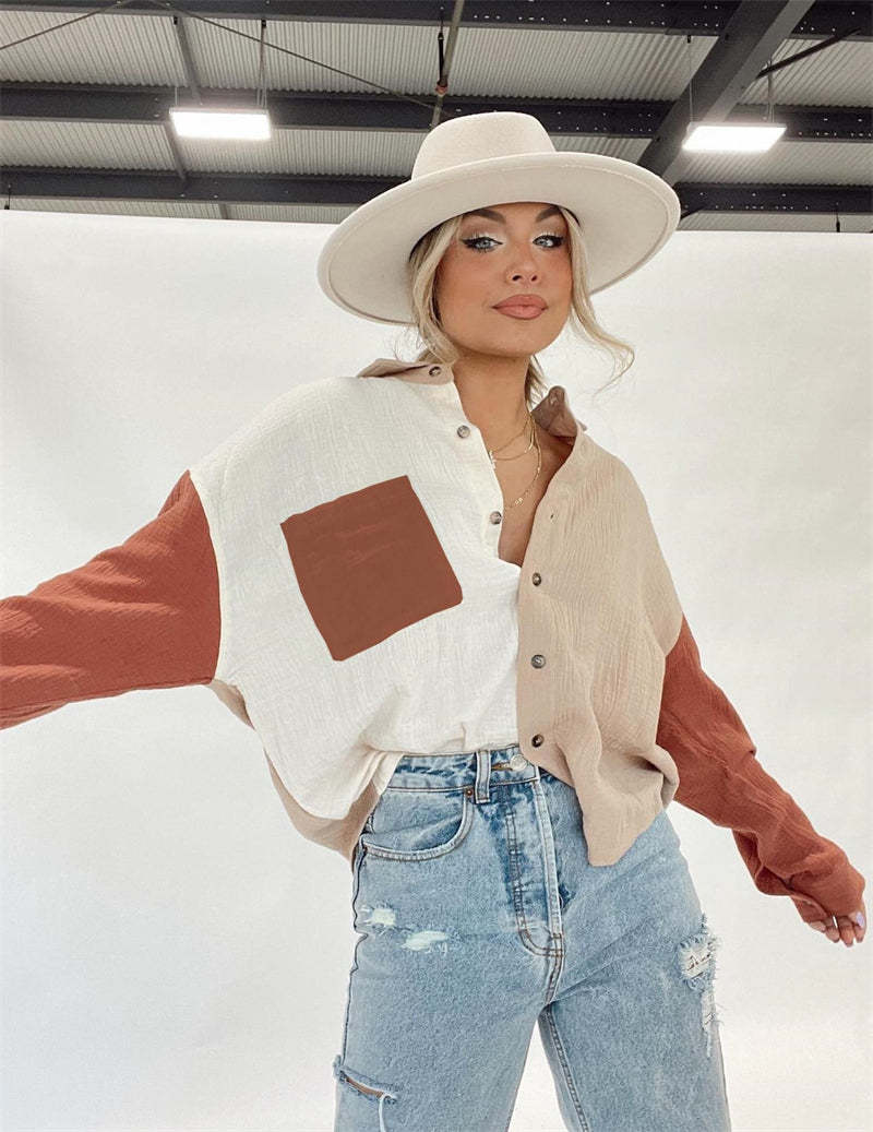 Color Block Button Down Shirts Long Sleeve Linen Shirt
