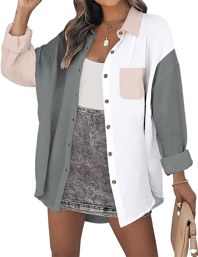 Color Block Button Down Shirts Long Sleeve Linen Shirt