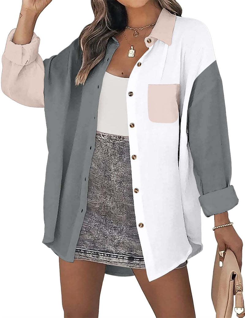 Color Block Button Down Shirts Long Sleeve Linen Shirt