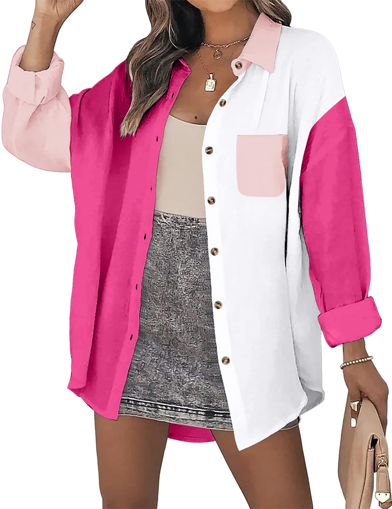 Color Block Button Down Shirts Long Sleeve Linen Shirt