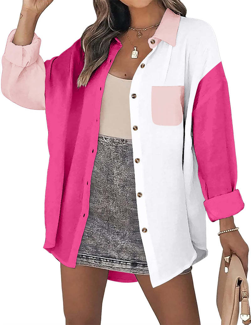 Color Block Button Down Shirts Long Sleeve Linen Shirt