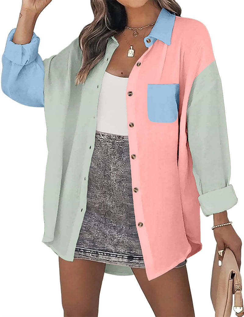 Color Block Button Down Shirts Long Sleeve Linen Shirt