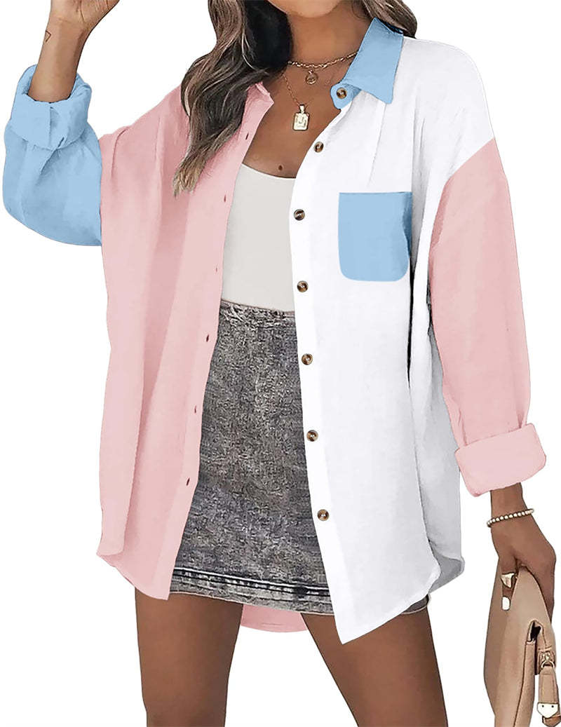 Color Block Button Down Shirts Long Sleeve Linen Shirt