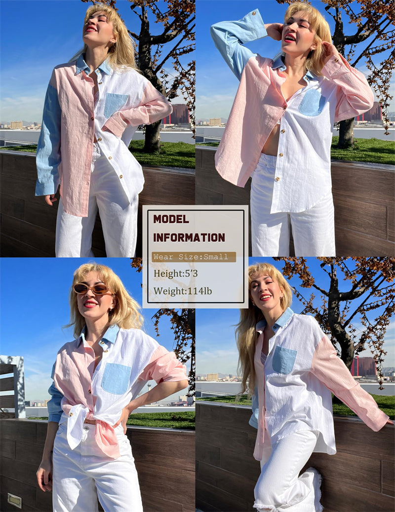 Color Block Button Down Shirts Long Sleeve Linen Shirt