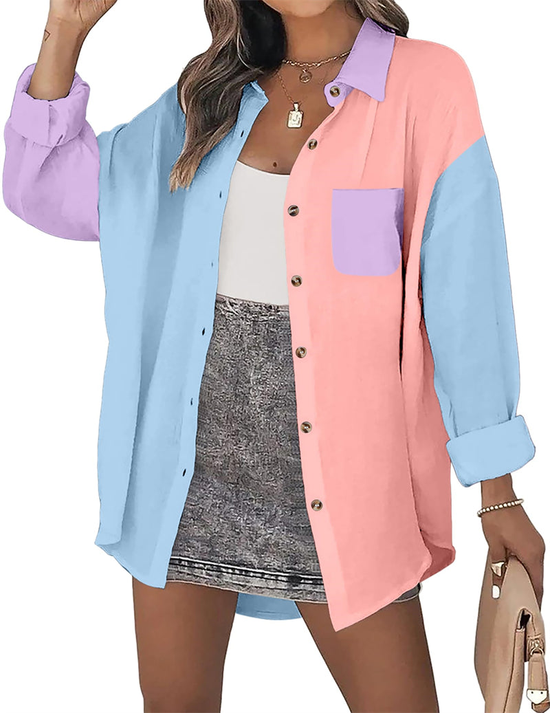 Color Block Button Down Shirts Long Sleeve Linen Shirt