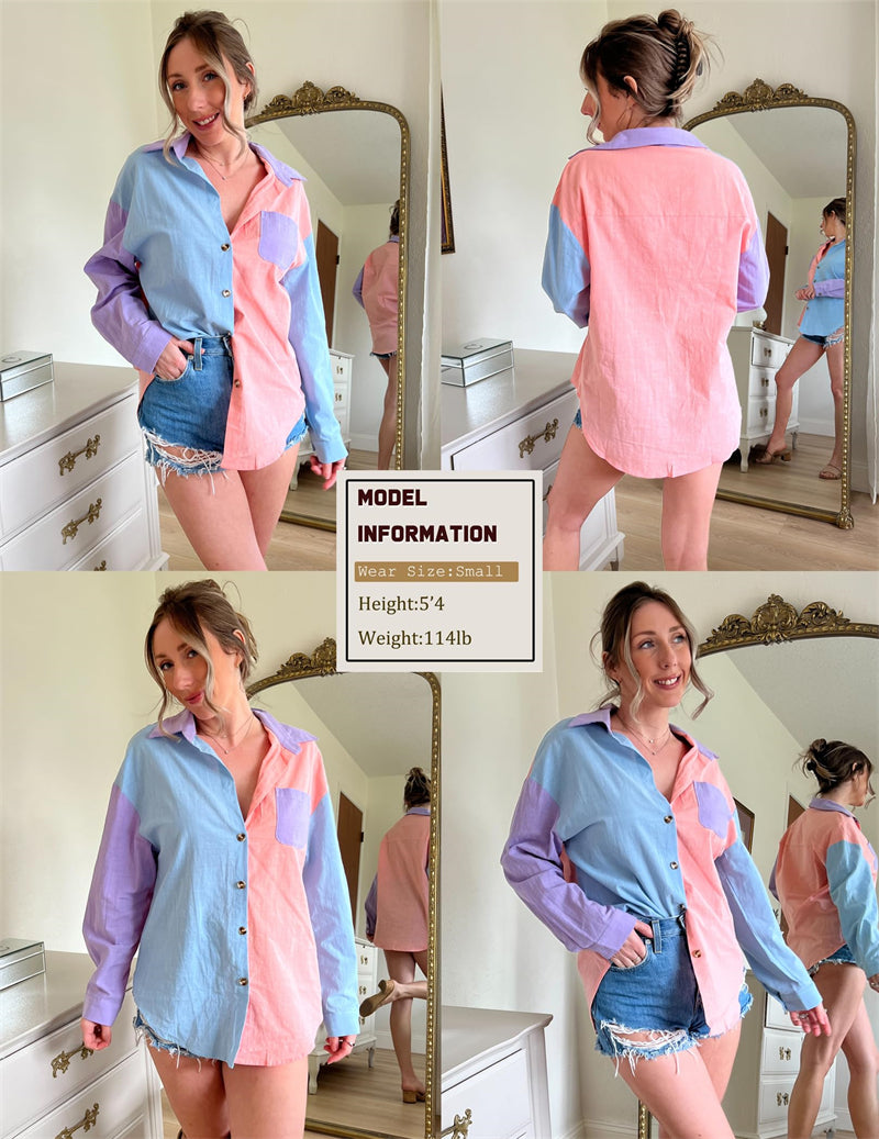 Color Block Button Down Shirts Long Sleeve Linen Shirt