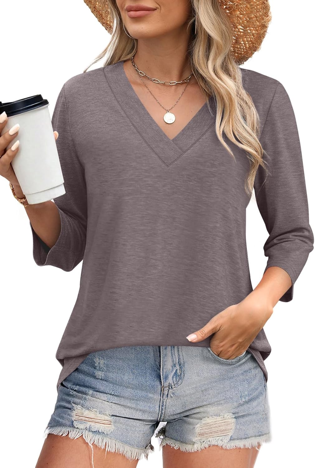 Women's V Neck 3/4 Long Sleeve  Loose Fit  Tops