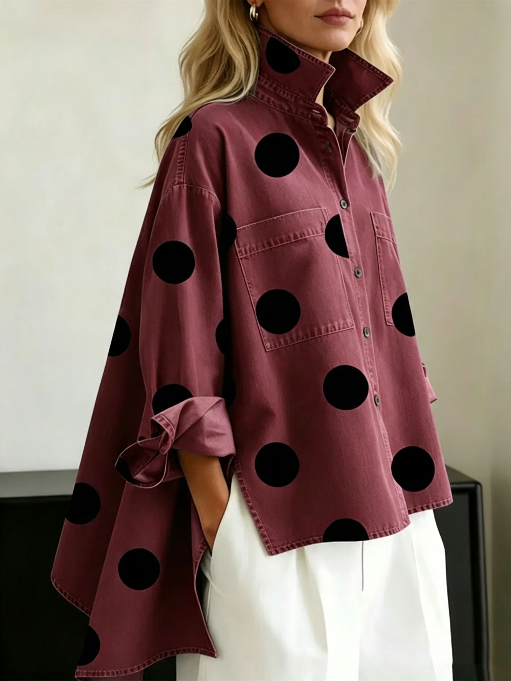 Casual Stand-collar Irregular Hem Denim Shirt Top