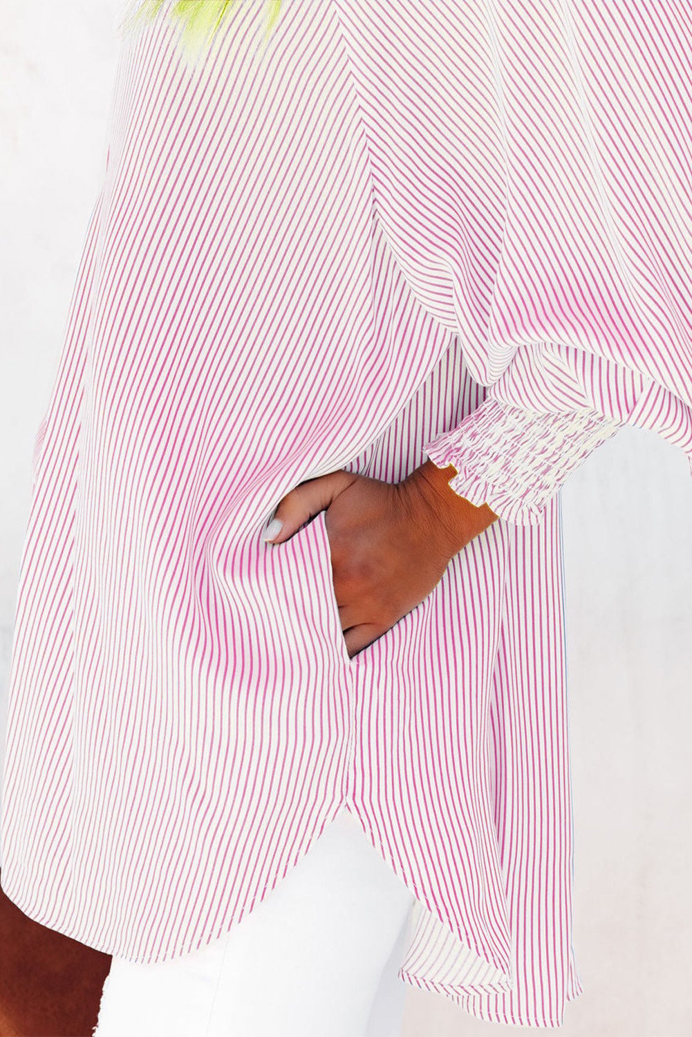 Mid-length smocked shirt with striped lapel and oversized drawdown sleeves