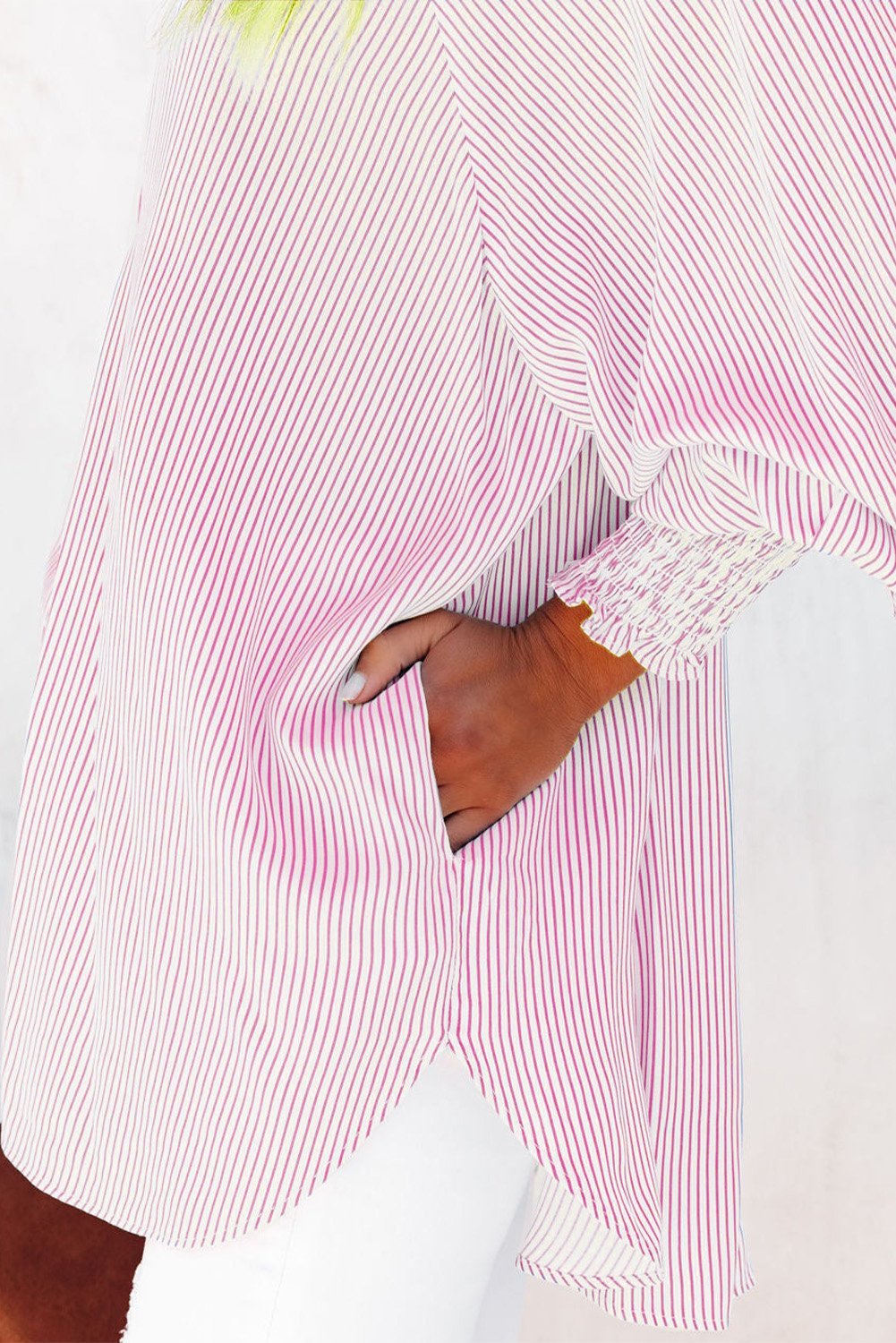 Mid-length smocked shirt with striped lapel and oversized drawdown sleeves