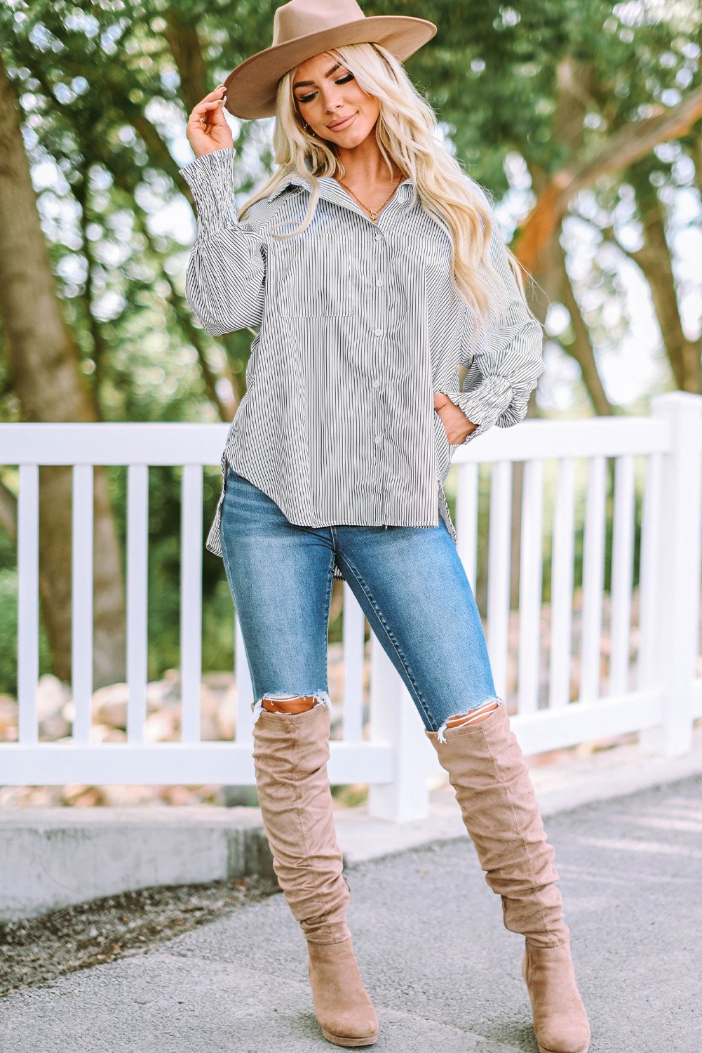 Mid-length smocked shirt with striped lapel and oversized drawdown sleeves