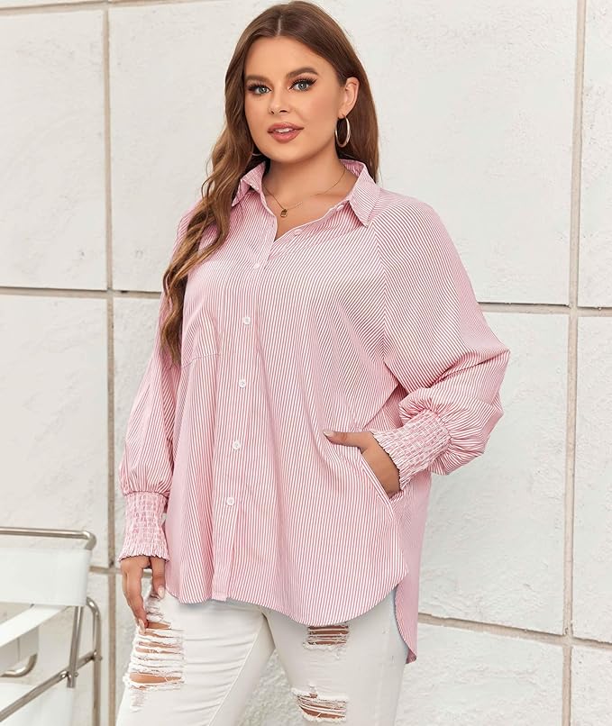 Mid-length smocked shirt with striped lapel and oversized drawdown sleeves