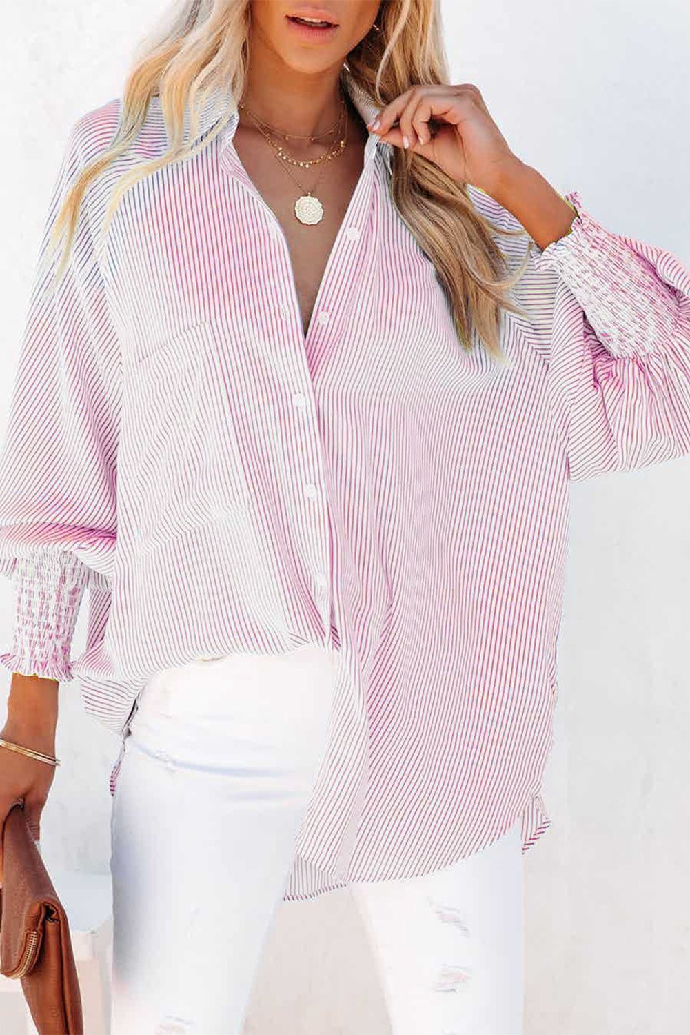 Mid-length smocked shirt with striped lapel and oversized drawdown sleeves